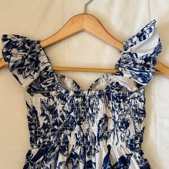 Abercrombie & Fitch Blue and White Floral Ruffle Sleeve Midi Dress, XXSP - Picture 6 of 12